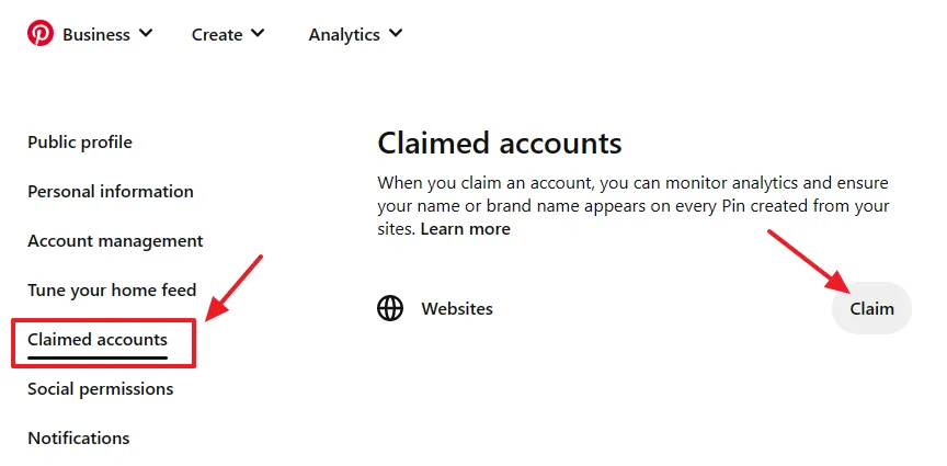 Click on the Claim accounts tab from the sidebar. Click on the Claim button opposite to Websites.