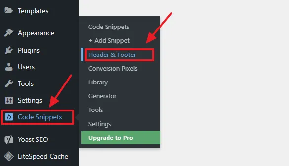 The WPCode plugin will appear on your WordPress sidebar with the name Code Snippets. Click on the Header & Footer.