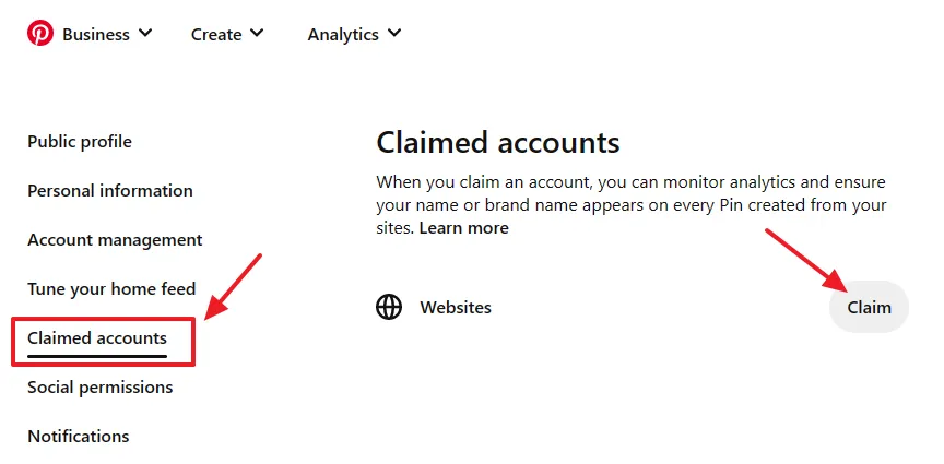 Click on the Claimed accounts tab from the sidebar. Click on the Claim button opposite to Websites.