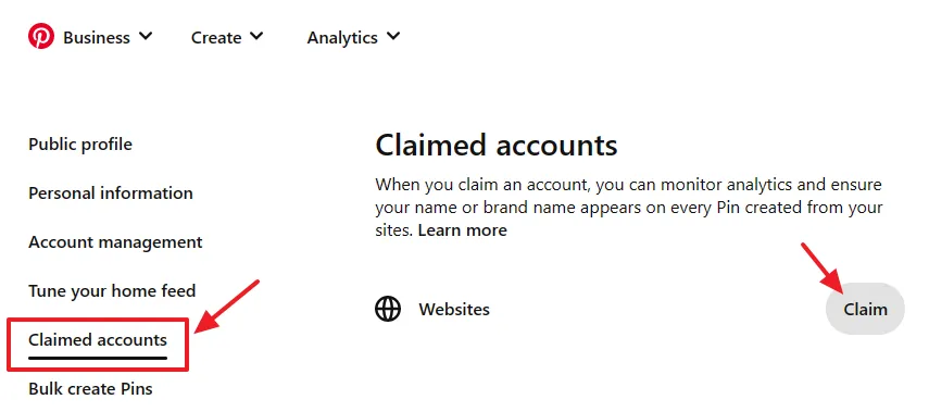 Click on the Claimed accounts tab from the sidebar. Click on the Claim button opposite to Websites.