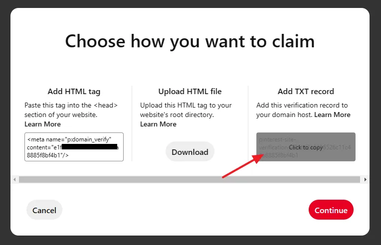 Go to Add TXT record section and click on the verification record to copy it. 