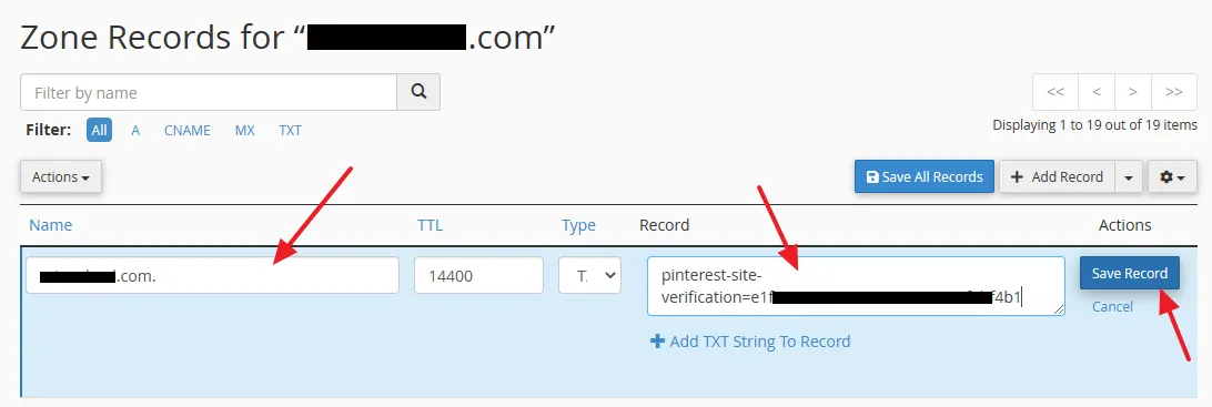 Paste the verification code that you have copied on Pinterest in the Record field. In the Name (valid zone name) enter your domain name like, example.com. Click on the Save Record button.