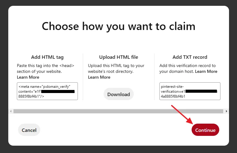 Now go back to Pinterest (Choose how you want to claim) and click on the Continue button.