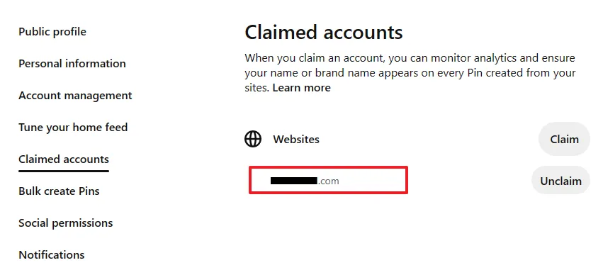After a website is claimed it is listed on the Claimed accounts. If you want to remove your website click on the Unclaim button.