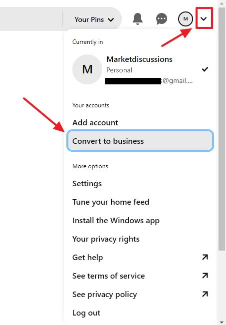 click on the Downward Arrow, located at top-right corner. Click on the Convert to business.