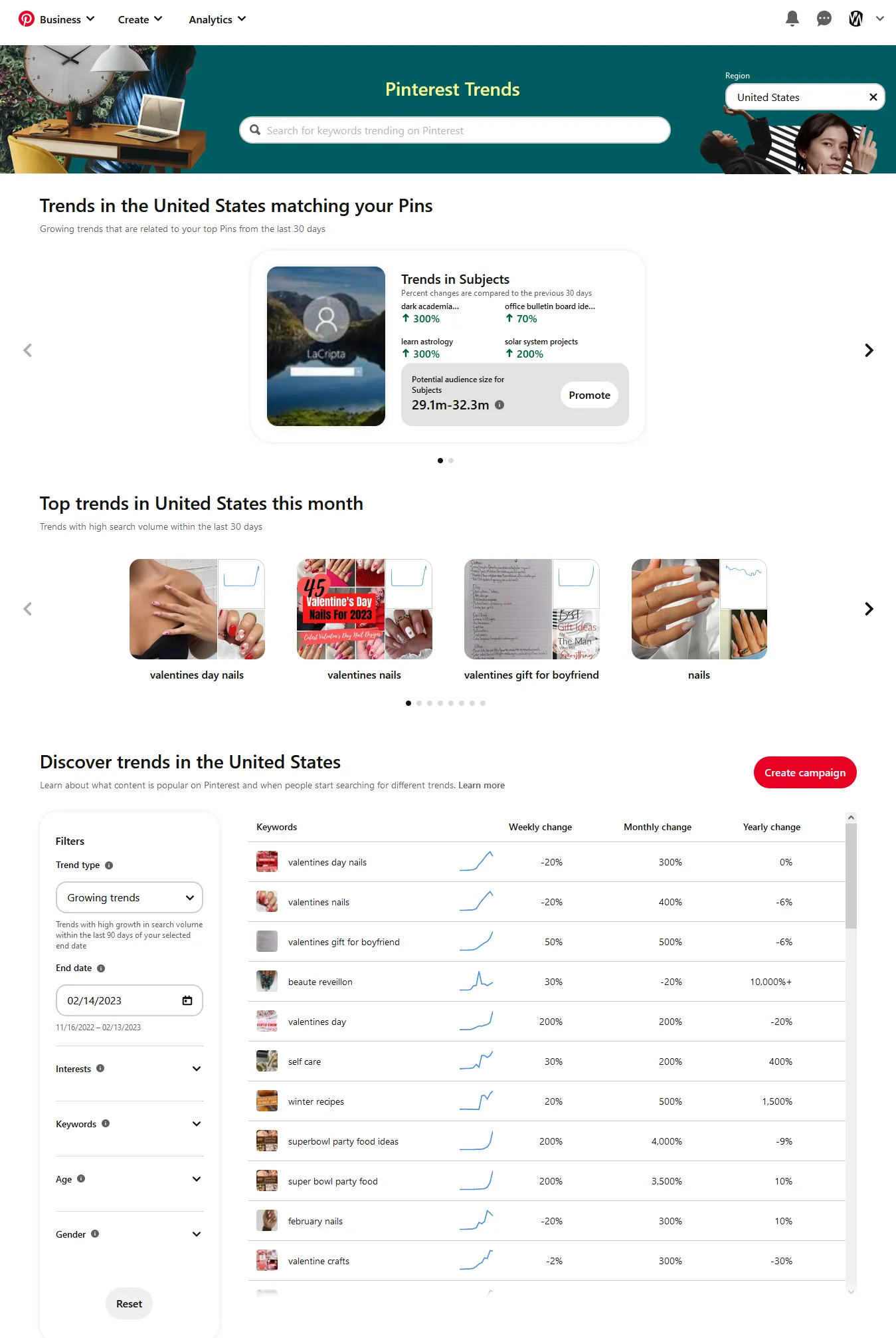 The Trends page shows the top and most popular trends related to your country/region on Pinterest filtered by Trend Types such as Top Monthly Trends, Top Yearly Trends, Growing Trends, & Seasonal Trends. 