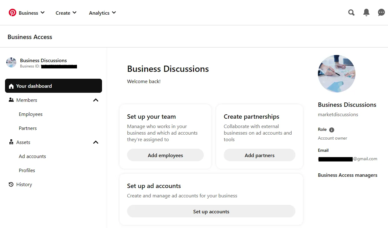 This is the Business Access page on which you can manage your Pinterest advertisement. This is the Business Access page on which you can manage your Pinterest advertisement.