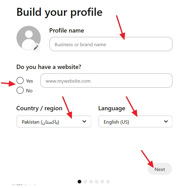 Provide your Profile details like Profile Name, Website URL, Country, and Language.