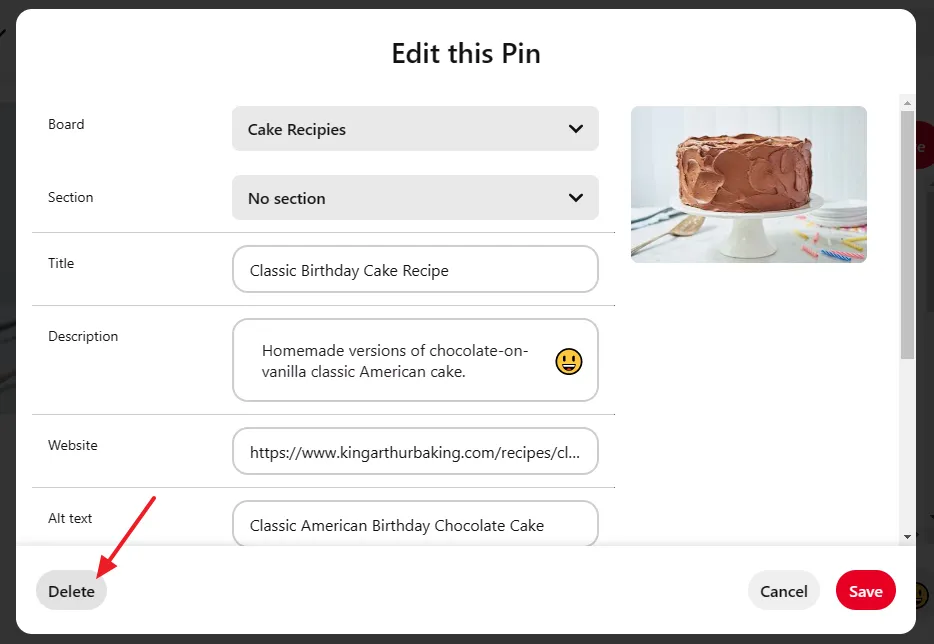 After you edit the Pin, click on the Save button. To delete the Pin, click on the Delete button.