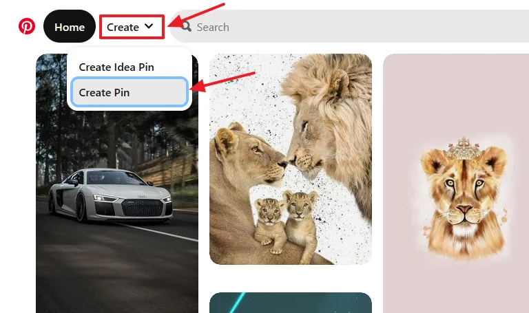 Click on the Create dropdown list to expand the options. Click on the Create Pin. Click on the Create dropdown list to expand the options. Click on the Create Pin.
