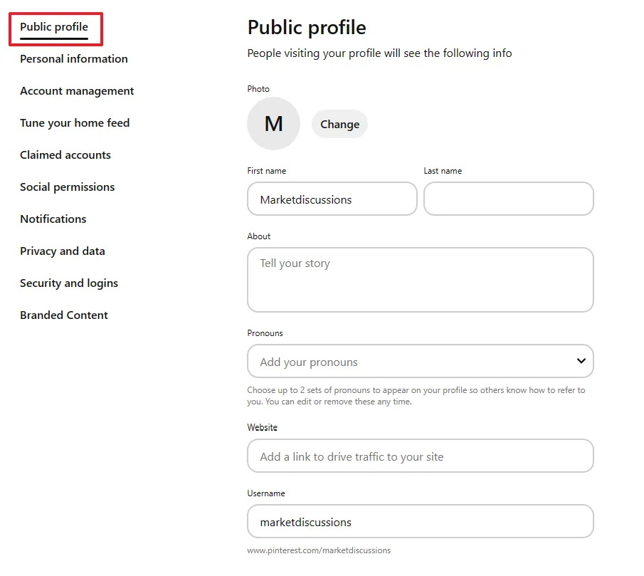 Pinterest Public Profile Settings, photo, about, first name, last names, pronouns, website, username.