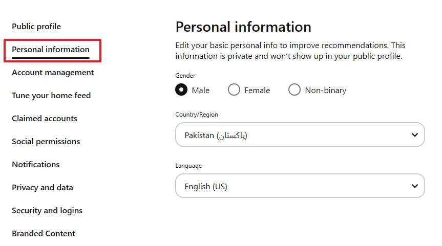 On Personal information you can update update Gender, Country, and Language.