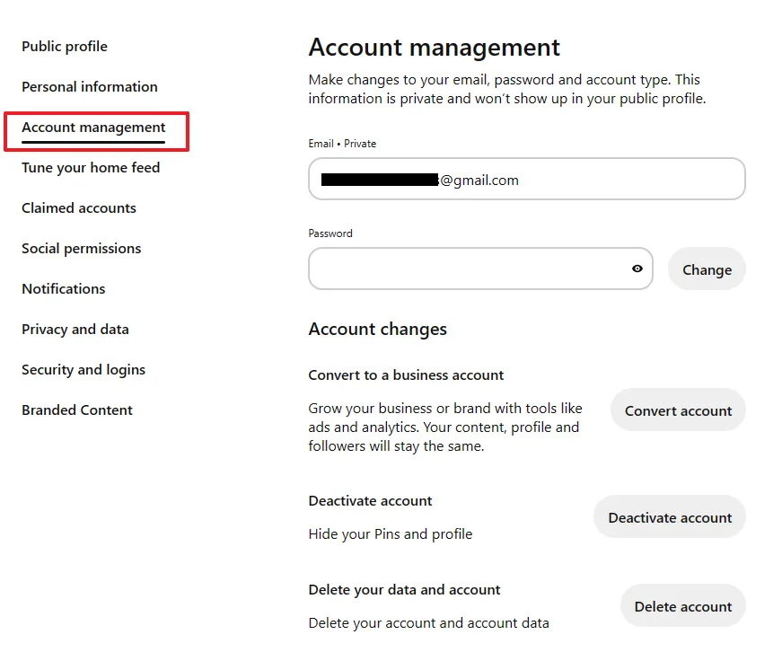 On Account management you can update Email, Password, and make changes to your Pinterest account.