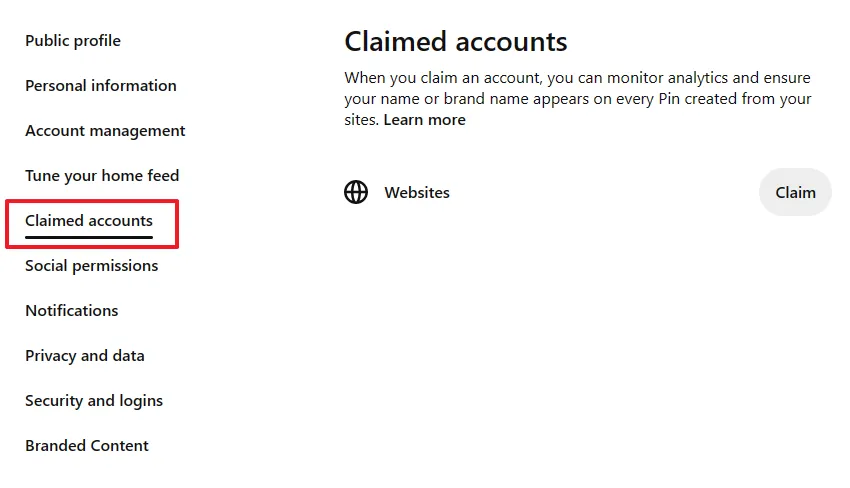 On Claimed accounts you can claim your website/blog on Pinterest.