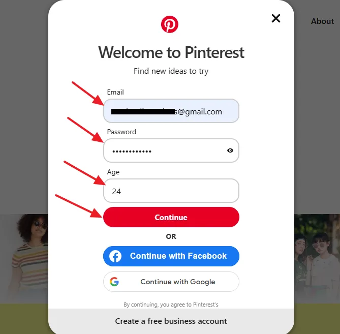 Enter your Email (Gmail, Yahoo, etc), Enter a secure Password, Enter your Age, Click the Continue button.