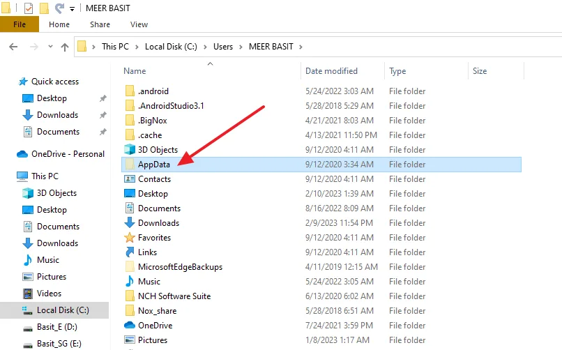 Click on the AppData folder.