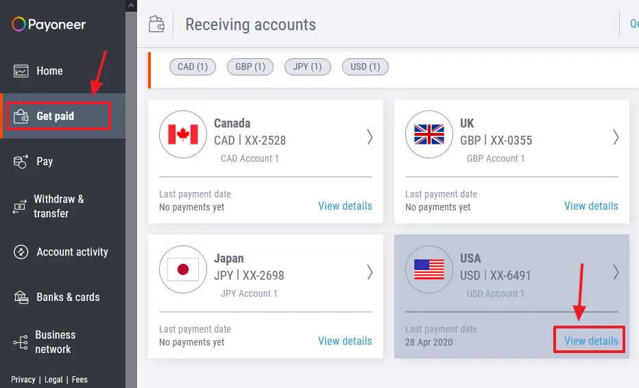 Click the "Get paid". Go to USA Receiving Account and click the View details link.