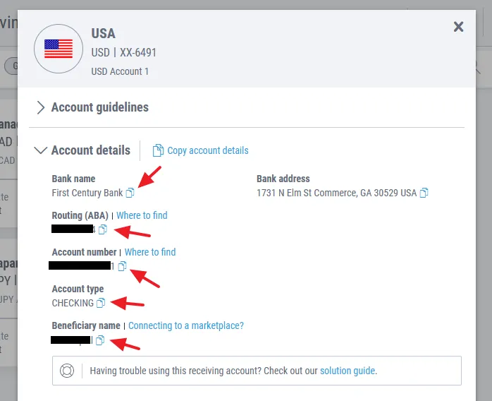 The USA Receiving account information highlighted with arrows is your required information that you have to provide in "Tell Us About Your Bank" section.