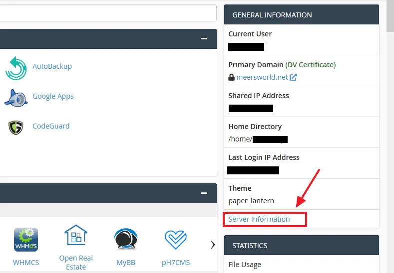 Login to your cPanel account. Go to GENERAL INFORMATION section located at top-right corner. Click the Server Information link.