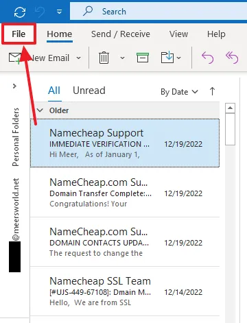 Open your MS Outlook. Go to its Navigation and click on the File, located at top-left corner. Open your MS Outlook. Go to its Navigation and click on the File, located at top-left corner.