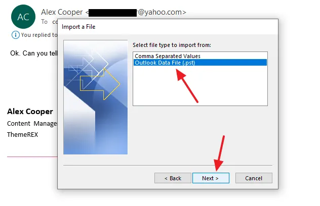 On Select file type to import from, click the Outlook Data File (.pst). Click on the Next button. On Select file type to import from, click the Outlook Data File (.pst). Click on the Next button.