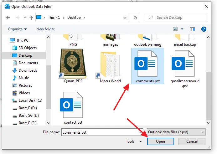 Select your .PST file that you want to import on Outlook. Click on the Open button. Select your .PST file that you want to import on Outlook. Click on the Open button.