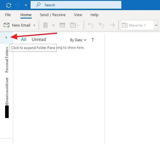 In order to expand the Folder Pane, click on the Arrow heading towards your right, located just below the New Email icon.