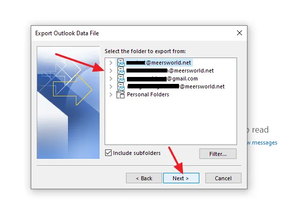 On Select the folder to export from, select the email account of which you want to take the backup. Tick the Include subfolders option. Click the Next button.