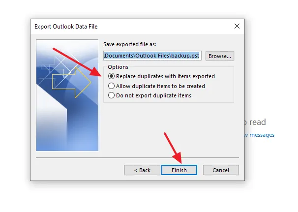 On Save exported file as, click the Browse button to select the location of backup file on your computer, where it will be saved. Click the Finish button.