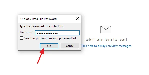 On the Type the password for backup_file_name.pst, enter the same password again that you have created in the above step. Click the OK button.
