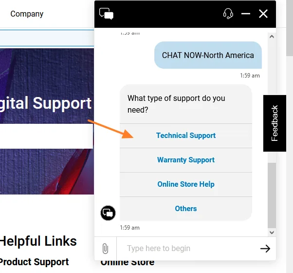 It will ask you, "What type of support do you need?", Click on the Technical Support option.