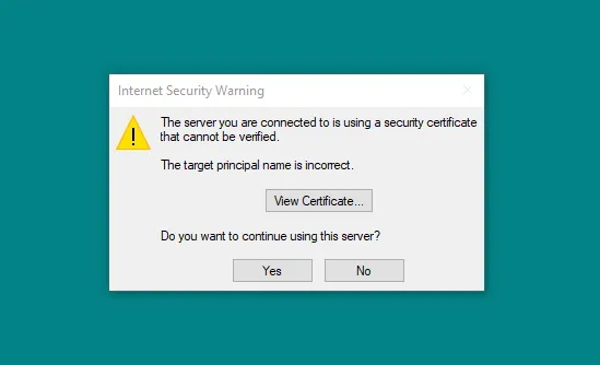 "The server you're connected to is using a security certificate that cannot be verified. The target principal name is incorrect" Warning on MS Outlook 2021