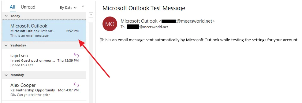 Microsoft Outlook will send you a Test Message.