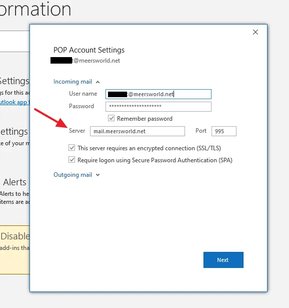Incomming mail Server contains mail.meersworld.net on POP Account Settings.