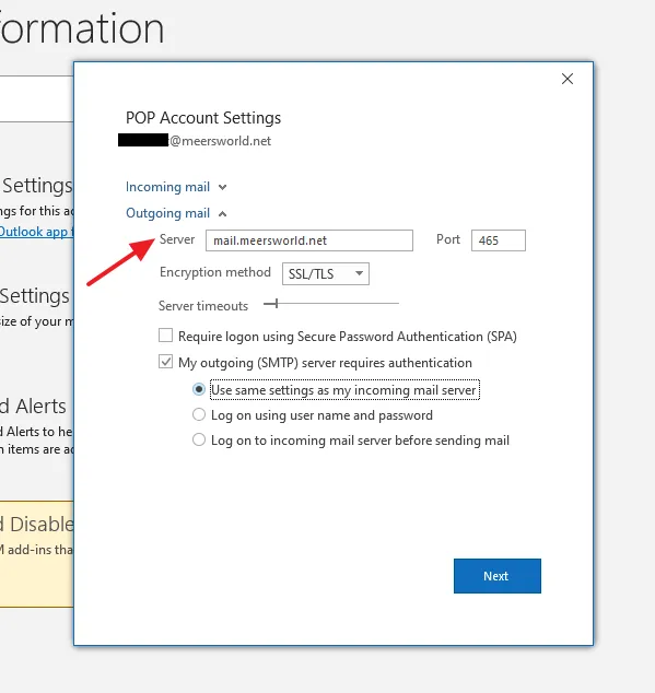 Outgoing mail Server contains mail.meersworld.net on POP Account Settings.