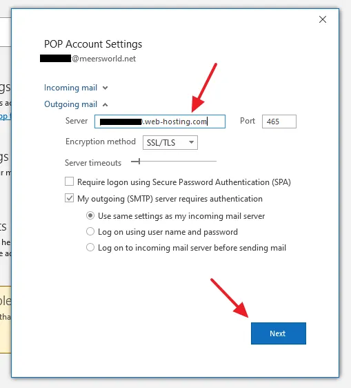 After you change Outgoing mail server, click the Next button. 