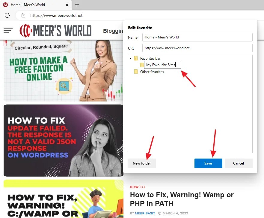 Add a meaningful name to newly created folder. Click on the Save button. Add a meaningful name to newly created folder. Click on the Save button.