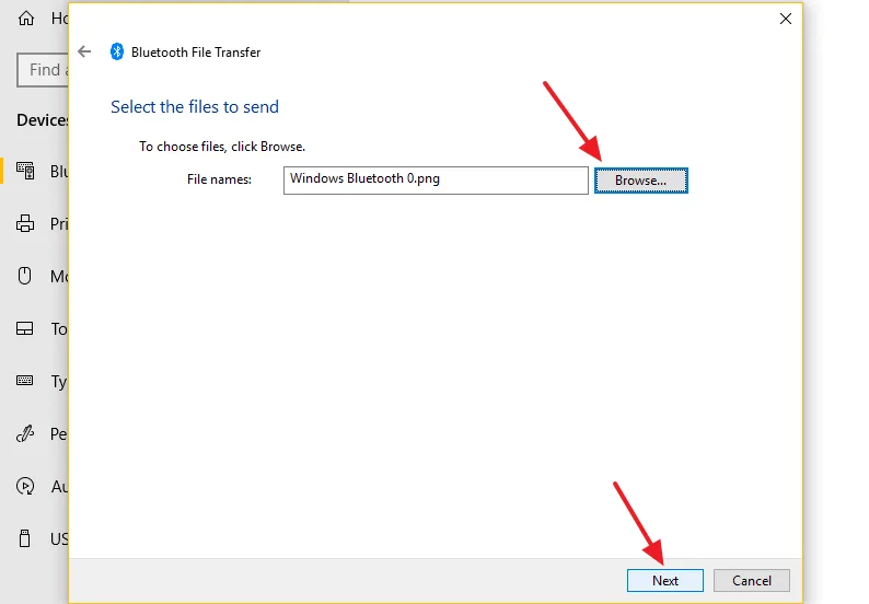 Click on the Browse... button and select the file from your laptop that you want to transfer via Bluetooth. Click on the Next button.