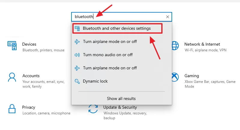 Type Bluetooth on the Search Bar and click on the Bluetooth and other devices settings. You can also open it from the Devices. 