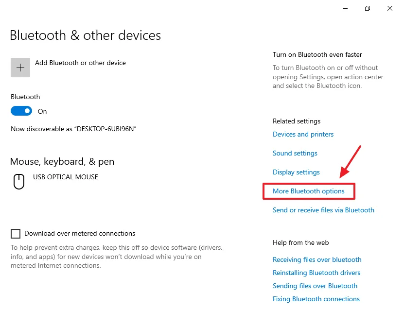 On the same page i.e. Bluetooth & other devices click on the More Bluetooth options link located at your right side under the Related settings section.