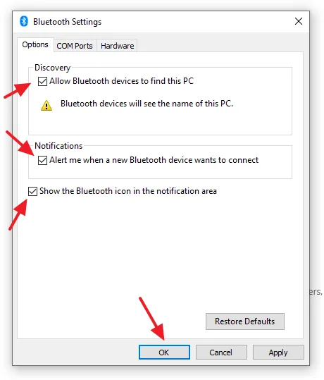 Check (tick) all the three options (1) Discovery: Allow Bluetooth devices to find this PC (2) Notifications (3) Show Bluetooth options. Click on the OK button.