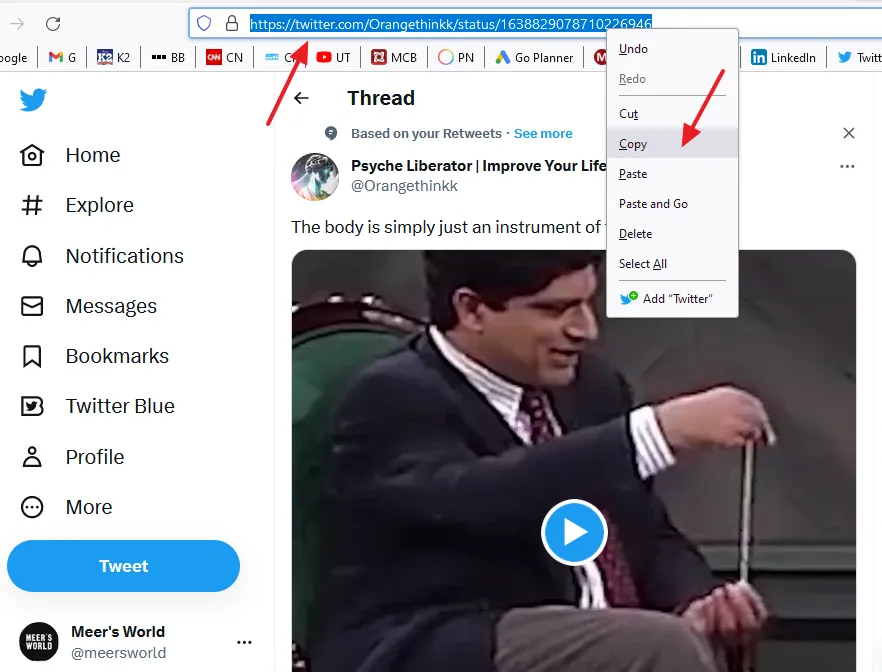 Select the Link(URL) of the tweet on URL Bar and Right-click on it. Click on the Copy.