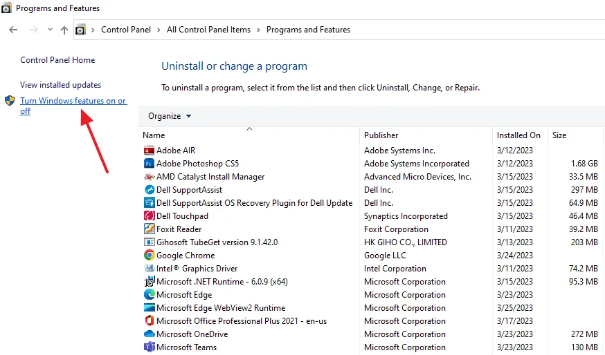Click on the Turn Windows features on or off link. Click on the Turn Windows features on or off link.