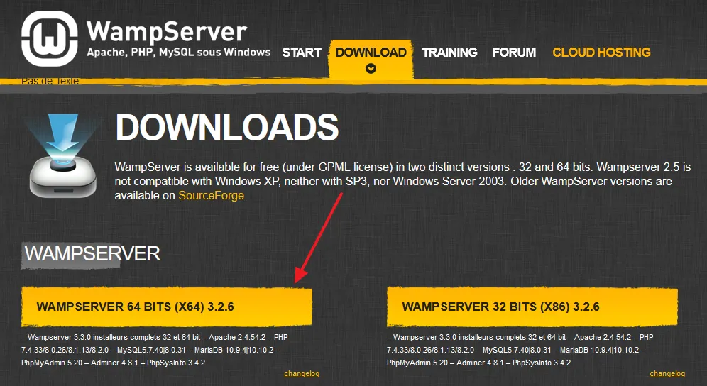 Go to WampServer.com to download the latest version of WampServer. Click on the version of WampServer that you want to download.