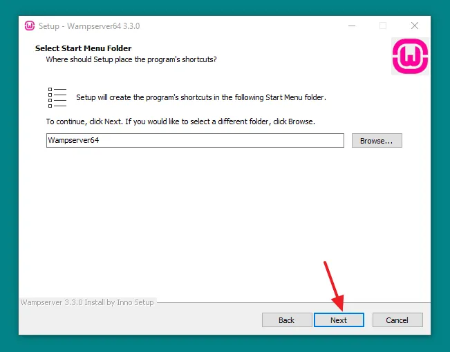 Select the Start Menu Folder where setup will place the WampServer's shortcuts. After WampServer is installed you can see this folder on Windows Start Menu under the label W.