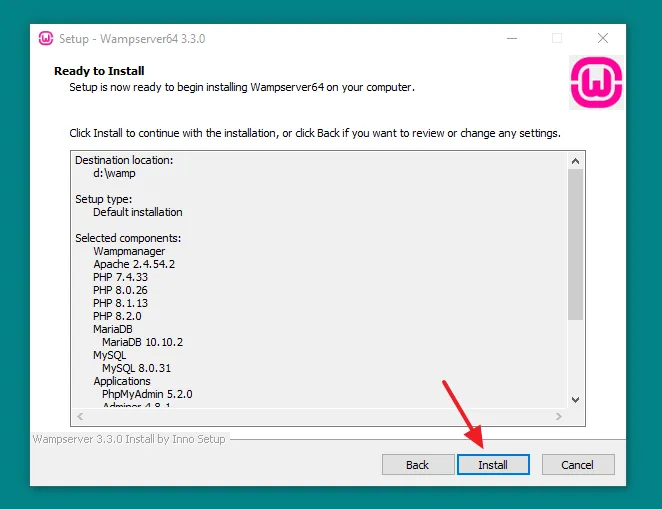 Your setup is now ready to install the WampServer on your computer. Click on the Install button to begin the installation.