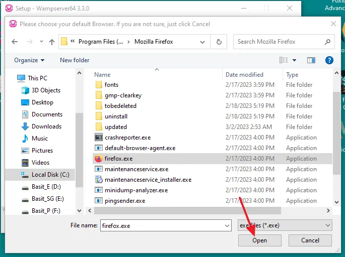 Select the main .exe file of your browser and click on the Open button.