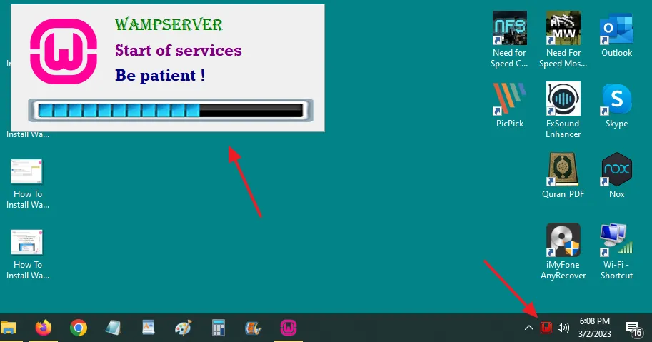 WampServer will take some time to start all its services, so be patient. You can also see the Wamp server icon at bottom-right corner of your Desktop.