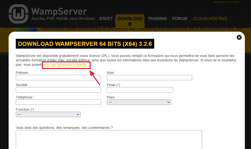 You have two options to download the WampServer setup (1) Via direct link (2) By filling the form. Click on the you can download it directly link.