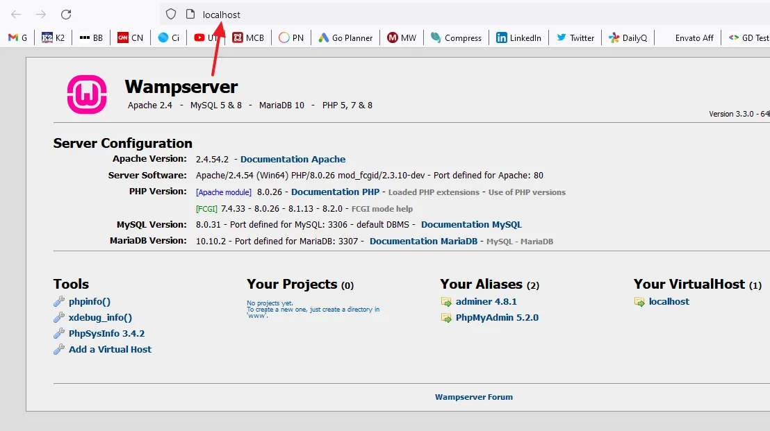 The Localhost homepage is loaded on the browser. The Server Configuration shows you the Apache Version, Server Software, PHP Version, MySQL Version, and MariaDB Version. It also shows you Tools, Your Projects, Your Aliases, and VirtualHost. 